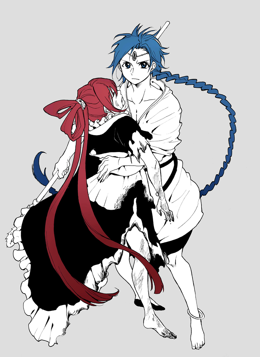 1boy 1girl dress full_body highres magi_the_labyrinth_of_magic monochrome multiple_monochrome red_hair ren_kougyoku simple_background