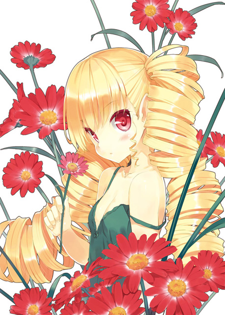 1girl blonde_hair blush breasts cleavage dress drill_hair female_focus flower long_hair looking_at_viewer off_shoulder original red_eyes small_breasts solo strap_slip twin_drills twintails ueda_ryou white_background