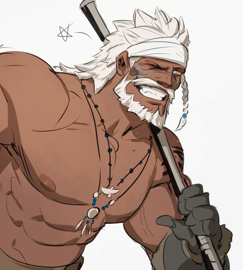 1boy abs bara beard biceps blue_eyes dark-skinned_male dark_skin facial_hair final_fantasy final_fantasy_xiv grin headband jewelry large_pectorals long_hair looking_at_viewer lyon_rem_helsos male_focus mature_male muscular muscular_male mustache necklace nipples old old_man one_eye_closed over_shoulder pectorals smile solo stomach tooth_necklace topless_male veins weapon weapon_over_shoulder white_hair wkokbu