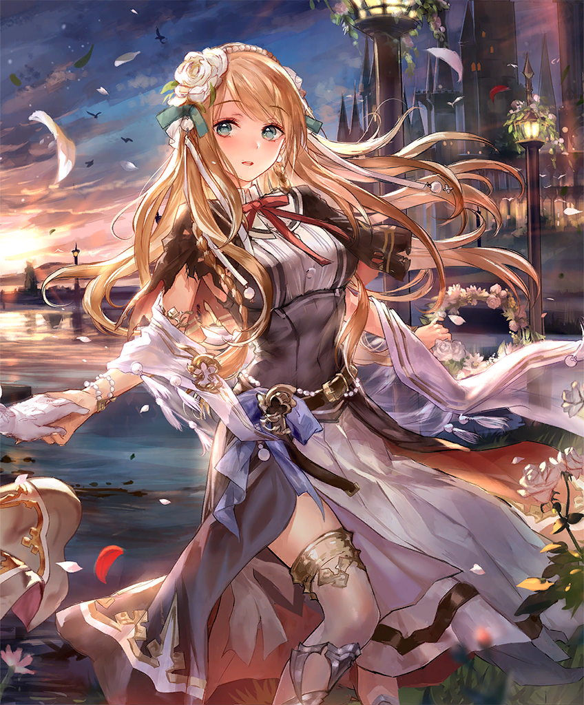 1girl 1other aqua_ribbon bell belt belt_buckle blonde_hair blush bow bowtie bracelet breasts brown_dress buckle castle clothes_lift day dress elluvia_(shadowverse) feet_out_of_frame flower gloves grass green_eyes hair_flower hair_ornament hair_ribbon hairband head_wreath holding_hands jewelry lake lamppost large_breasts liiko long_hair looking_at_viewer official_art open_mouth out_of_frame outdoors pink_flower red_bow ribbon sailor_collar shadowverse short_sleeves side_slit skirt skirt_lift smile solo_focus standing two-tone_dress white_dress white_hairband white_sailor_collar