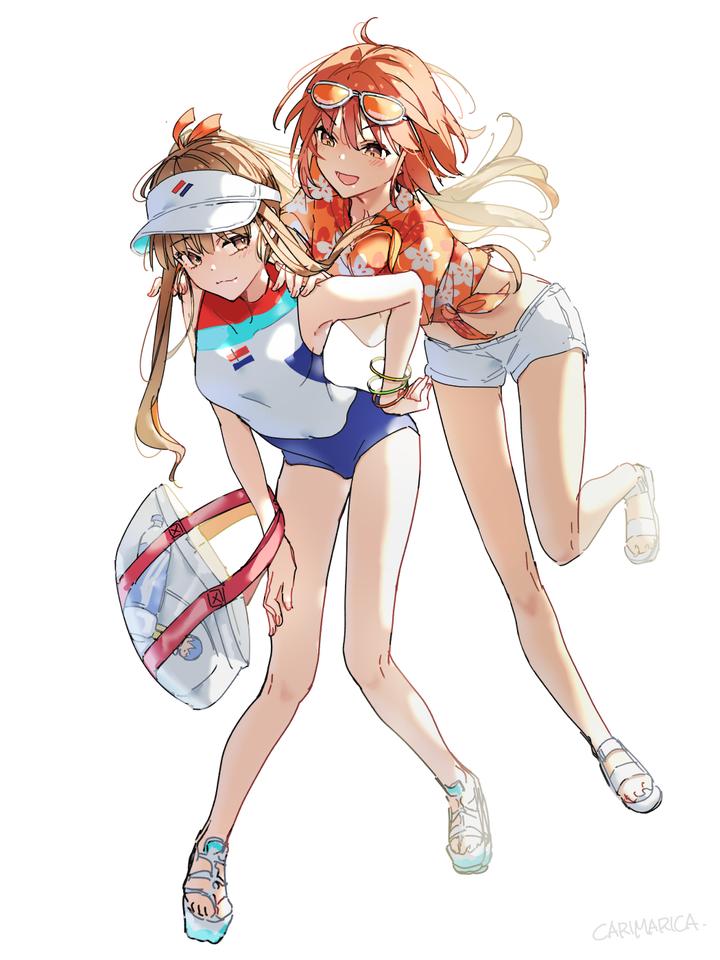 2girls armlet bad_tag bag bottle brown_eyes brown_hair carimarica character_doll fate/extra fate/extra_ccc fate/grand_order fate_(series) floral_print flower fujimaru_ritsuka_(female) fujimaru_ritsuka_(female)_(tropical_summer) glasses gym_uniform hat highres jewelry kishinami_hakuno_(female) legs long_hair midriff multiple_girls one-piece_swimsuit orange-tinted_eyewear orange_eyes orange_hair orange_shirt plastic_bag sandals shirt short_hair short_shorts shorts swimsuit tinted_eyewear water_bottle white_flower