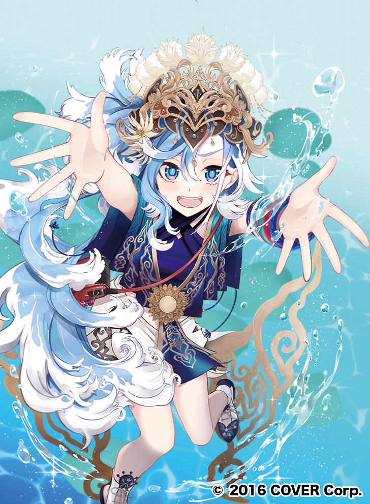 1girl blue_eyes blue_hair bracelet hair_ornament hololive hololive_indonesia indonesian_clothes jewelry kobo_kanaeru kobo_kanaeru_(indonesian_dress) long_hair looking_at_viewer multicolored_hair official_alternate_costume official_alternate_hairstyle official_art open_mouth ritsu_0o solo splashing virtual_youtuber water white_hair