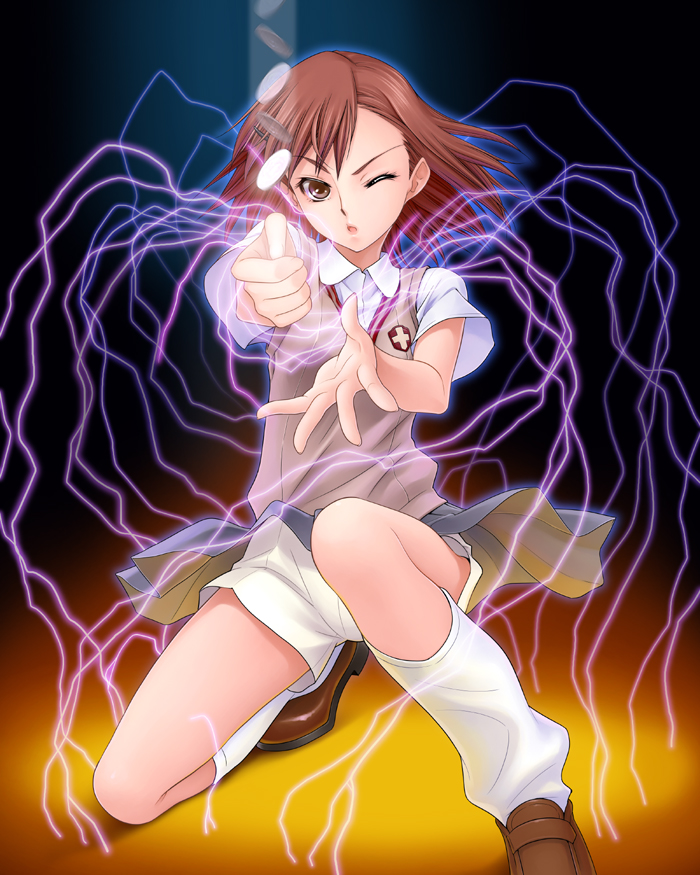 00s brown_eyes brown_hair coin electricity electrokinesis flipping_coin kneeling loose_socks mami_akira misaka_mikoto one_eye_closed school_uniform short_hair shorts socks solo sweater_vest toaru_kagaku_no_railgun toaru_majutsu_no_index vest wink