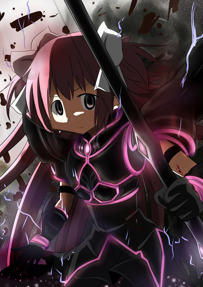 10s 1girl armor bad_id bad_pixiv_id bow_(weapon) empty_eyes female_focus gloves grey_eyes hair_ribbon kamen_rider kamen_rider_kuuga kamen_rider_kuuga_(series) kamen_rider_kuuga_(ultimate_form) kaname_madoka mahou_shoujo_madoka_magica mahou_shoujo_madoka_magica_(anime) name_connection neon_trim parody pink_hair ribbon solo twintails u_u_(mooooooou) ultimate_madoka weapon