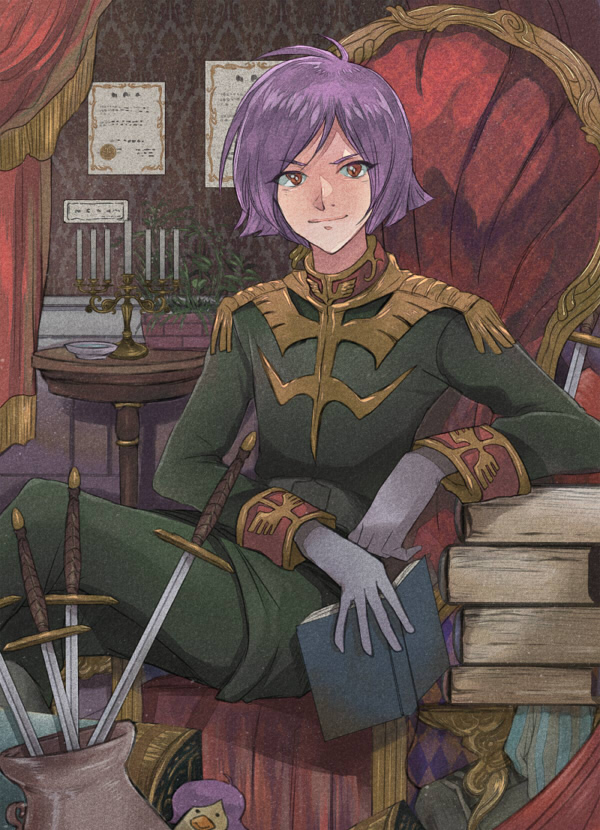 book chair garma_zabi gundam military military_uniform mobile_suit_gundam purple_hair sitting tsunnosuke