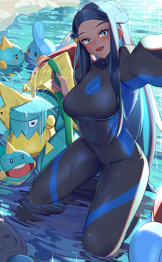 1girl 6+others aqua_eyes aqua_hair black_bodysuit blue_hair bodysuit chewtle creatures_(company) dark-skinned_female dark_skin diving_suit drednaw full_body game_freak gen_3_pokemon gen_8_pokemon haska_(user_gure4787) holding holding_hose hose kneeling long_hair looking_at_viewer mudkip multicolored_hair multiple_others nessa_(pokemon) nintendo outdoors pokemon pokemon_(creature) pokemon_swsh pouring_onto_another selfie sidelocks smile very_long_hair water wetsuit