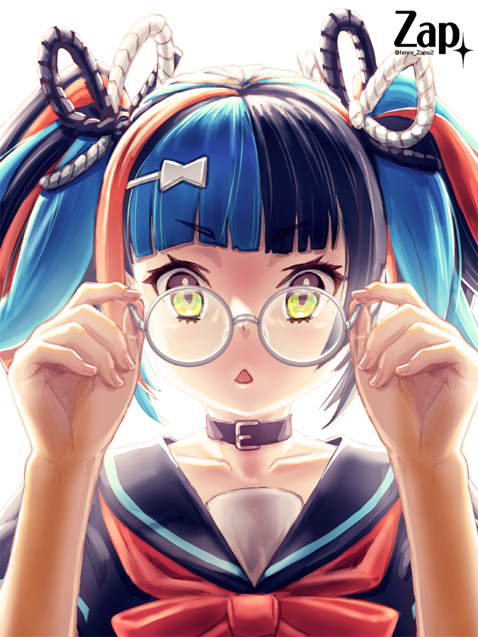 1girl artist_name bespectacled collar fate/grand_order fate_(series) fingernails glasses glasses_day multicolored_hair sailor_collar sei_shounagon_(fate) triangle_mouth twintails twitter_username white_background yellow_eyes zap