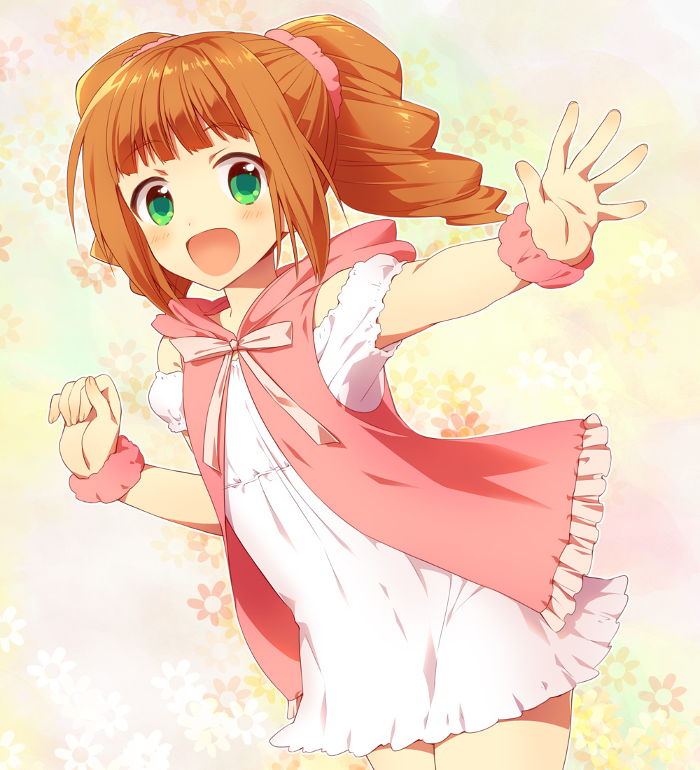 1girl :d blush dress female_focus fuyuichi green_eyes hood hoodie idolmaster idolmaster_(classic) open_mouth orange_hair scrunchie smile solo takatsuki_yayoi twintails wrist_cuffs wrist_scrunchie