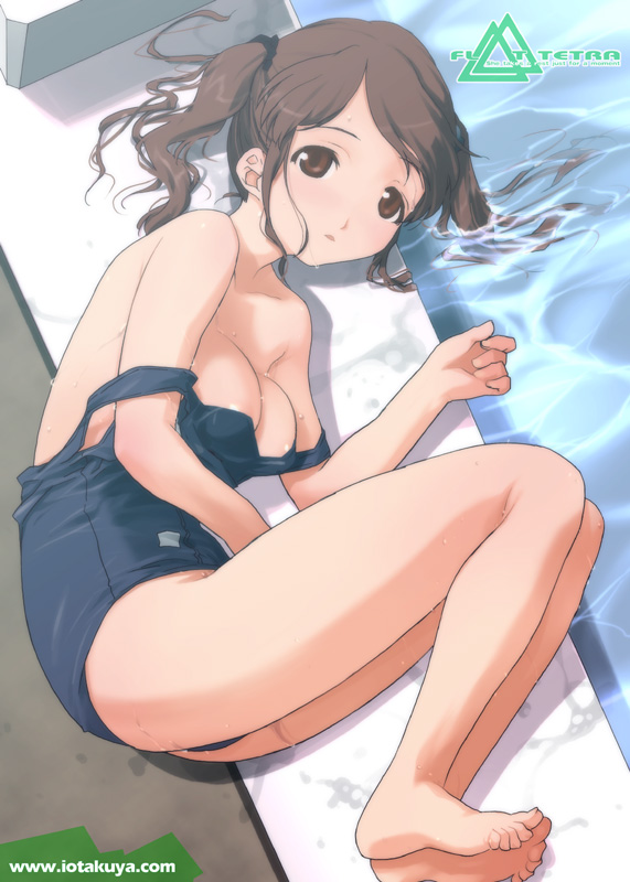 1girl amagami bare_shoulders barefoot breasts brown_eyes brown_hair cleavage clothes_pull collarbone feet female_focus io_takuya legs lying nakata_sae on_side one-piece_swimsuit one-piece_swimsuit_pull pool school_swimsuit small_feet solo swimsuit twintails undressing watermark web_address wet