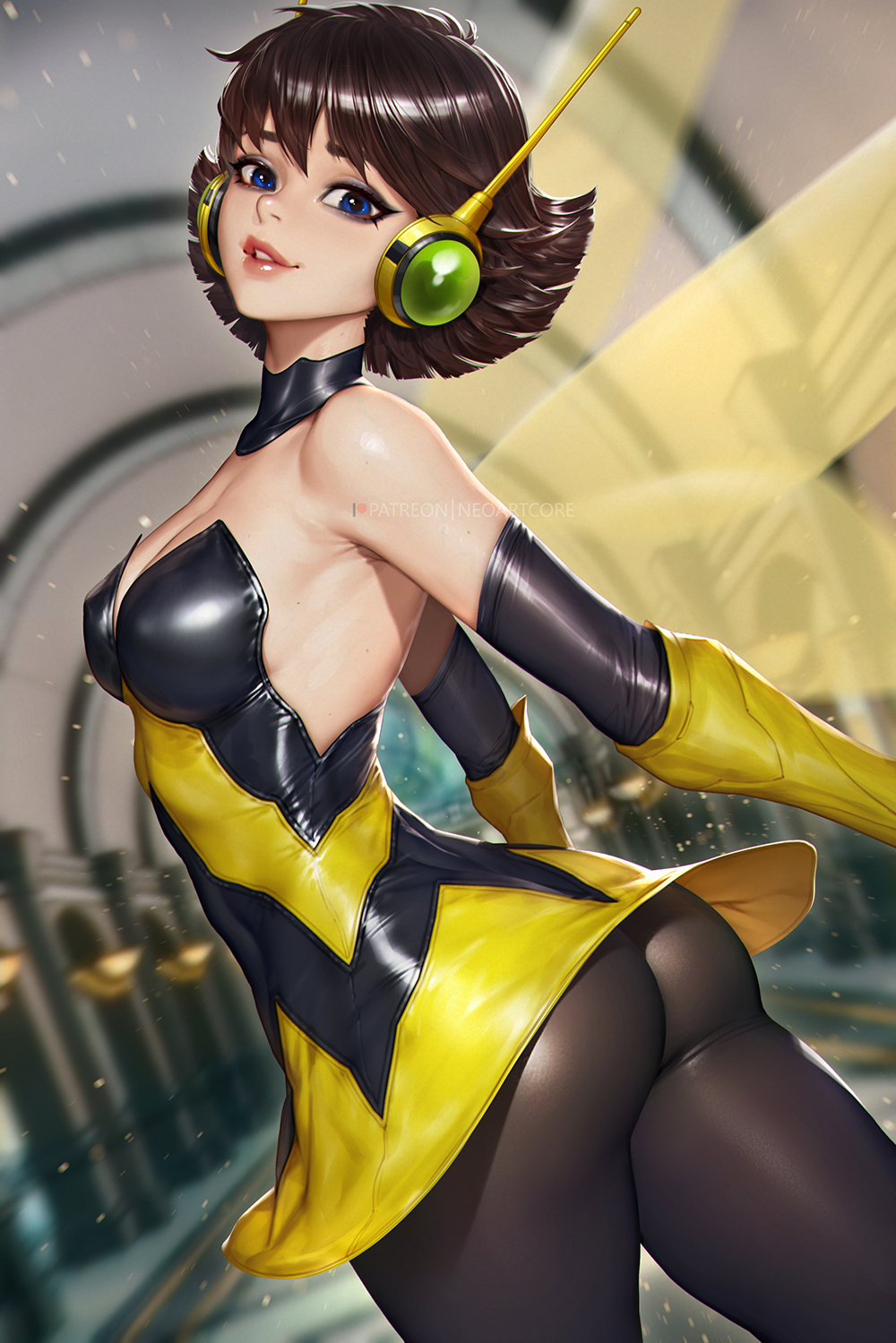 1girl ass avengers_(series) bare_shoulders blue_eyes breasts brown_hair gloves highres insect_wings janet_van_dyne looking_at_viewer marvel medium_breasts neoartcore short_hair smile solo superhero_costume the_avengers:_earth&#039;s_mightiest_heroes! wasp_(marvel) wings yellow_gloves