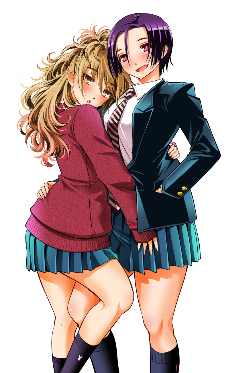 2girls black_jacket black_socks blazer blush brown_hair cardigan character_request collared_shirt commentary_request diagonal-striped_clothes diagonal-striped_necktie feet_out_of_frame green_skirt hand_in_pocket hand_on_another&#039;s_hip highres jacket kodera_aoi long_hair looking_at_viewer multiple_girls necktie open_mouth pleated_skirt purple_hair red_cardigan school_uniform shirt short_hair simple_background skirt smile socks sogabe_toshinori standing striped_clothes white_background white_shirt yankee_jk_kuzuhana-chan