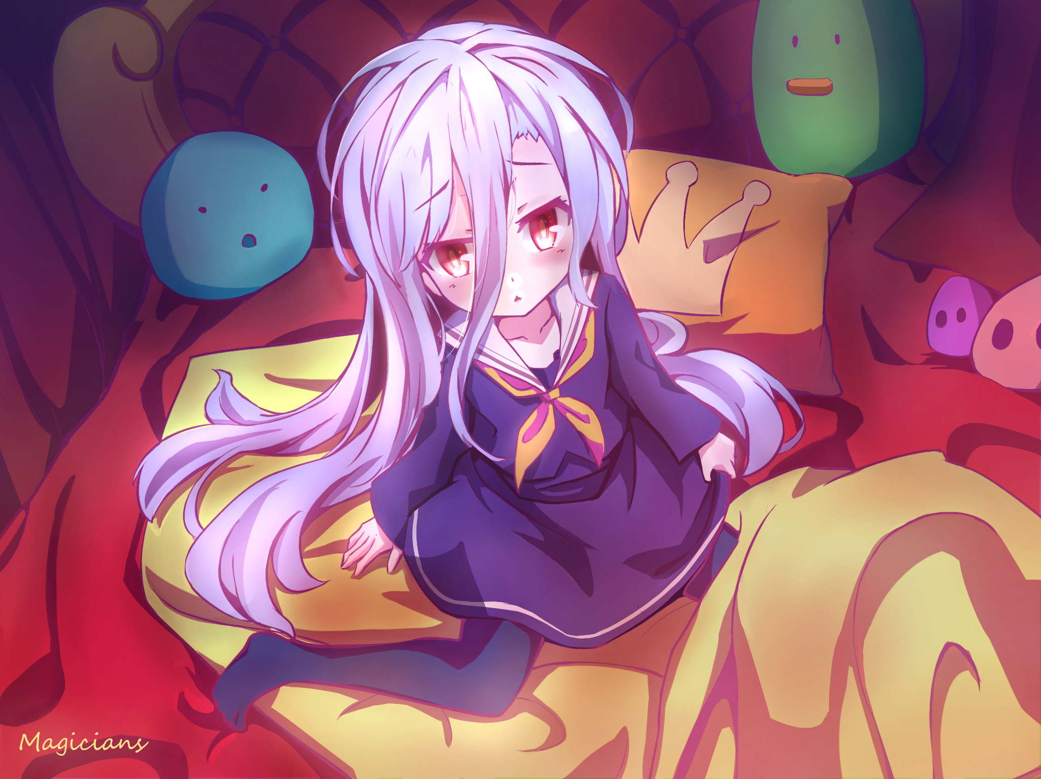 magicians (zhkahogigzkh), shiro (no game no life), no game no life, silver  hair, bad id, bad pixiv id, highres, 10s, 1girl, artist name, long hair,  pillow, school uniform, sitting, solo, stuffed toy -