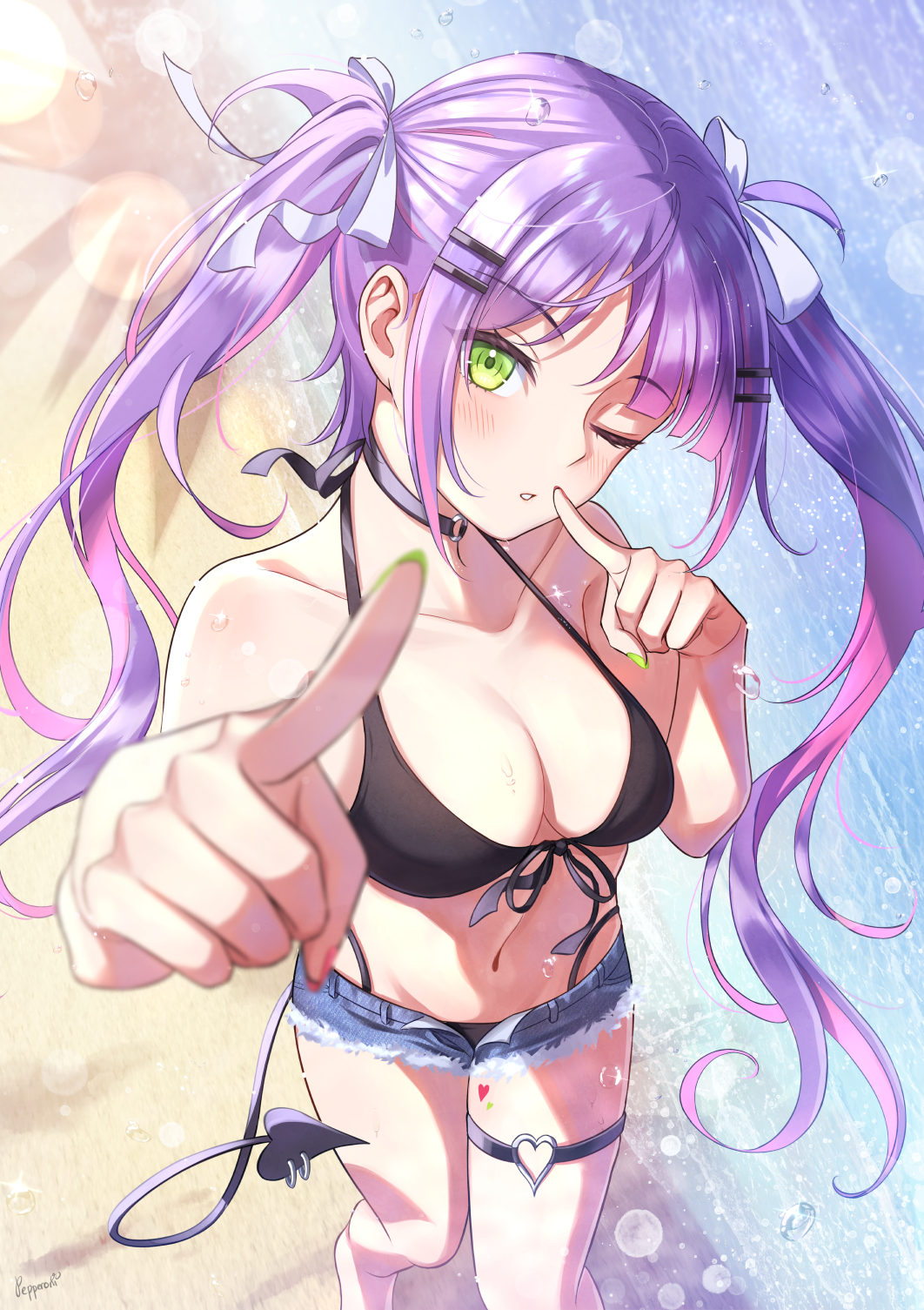 1girl bare_shoulders beach bikini bikini_under_shorts black_bikini black_tail blue_shorts blurry blurry_foreground breasts collarbone demon_girl demon_tail denim denim_shorts front-tie_bikini_top front-tie_top green_eyes highres hololive medium_breasts navel ocean one_eye_closed purple_hair redpepperoni00 short_shorts shorts solo swimsuit tail thigh_strap tokoyami_towa twintails virtual_youtuber