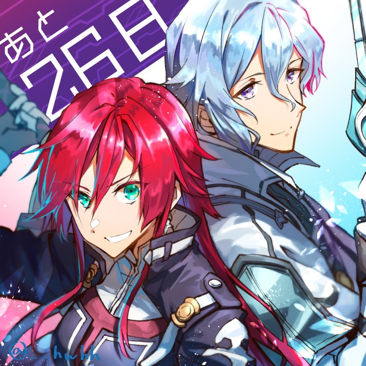 1boy 1girl back-to-back celis_ortesia coat countdown dated double-parted_bangs earrings eiyuu_densetsu fingerless_gloves gloves green_eyes grin hair_between_eyes holding holding_weapon hwhh jewelry kai_no_kiseki kuro_no_kiseki_(series) looking_at_viewer purple_eyes red_hair rion_balthazar sidelocks smile upper_body weapon white_hair