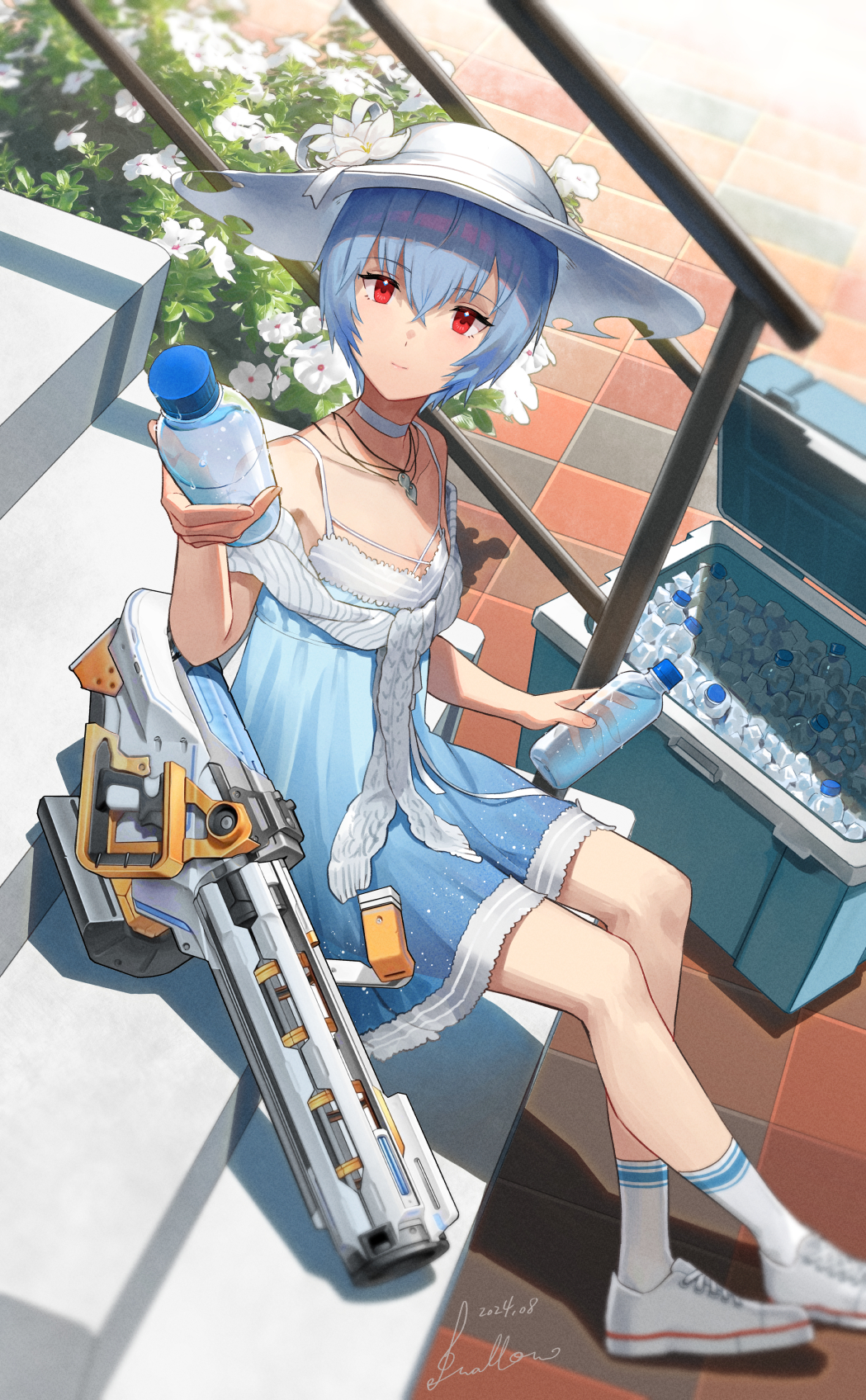 1girl 2024 ayanami_rei ayanami_rei_(peaceful_vacation)_(nikke) blue_dress bottle choker cooler dated dated_commentary dress flower goddess_of_victory:_nikke gun hat hat_flower highres holding holding_bottle ice neon_genesis_evangelion official_alternate_costume red_eyes short_hair sitting sitting_on_stairs socks solo stairs sun_hat swallow165 water_bottle weapon white_choker white_flower white_footwear white_hat white_socks