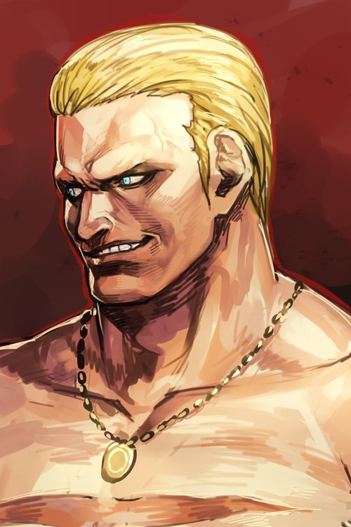 1boy blonde_hair blue_eyes fatal_fury geese_howard grin hair_slicked_back hungry_clicker jewelry male_focus manly necklace red_background simple_background smile snk solo the_king_of_fighters topless_male upper_body