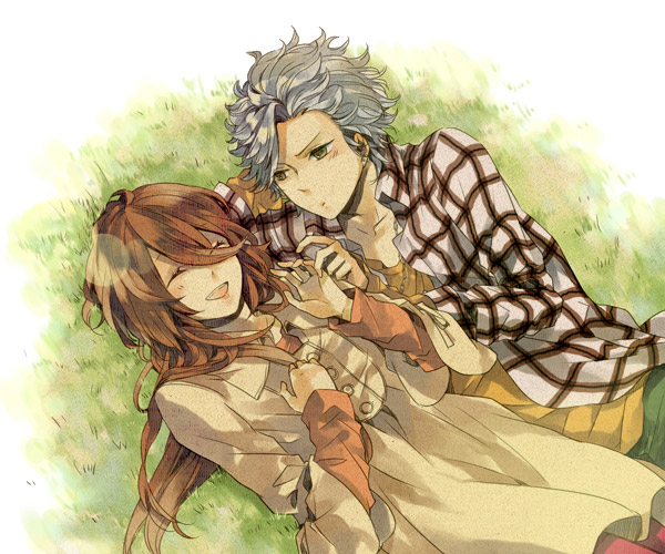 1boy 1girl bad_id bad_pixiv_id brown_hair couple dress earrings closed_eyes grass green_eyes hetero jewelry laughing long_hair lying nanami_kanata necklace on_back on_side open_mouth pantyhose plaid pout short_hair silver_hair smile starry_sky_(game) teo_(kaminaripanda) yahisa_tsukiko