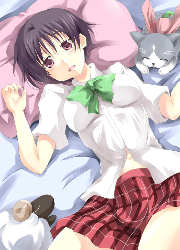 10s 1girl black_hair blush cat chimera_(chuu2koi) chuunibyou_demo_koi_ga_shitai! female_focus mister_(black_and_white) navel open_mouth pillow red_eyes school_uniform sheep short_hair solo stuffed_animal stuffed_sheep stuffed_toy tsuyuri_kumin