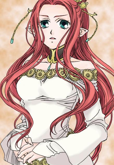 1girl alfa_system bare_shoulders breasts brown_background choker detached_sleeves dress green_eyes inanna long_hair open_mouth pointy_ears red_hair tales_of_(series) tales_of_innocence very_long_hair