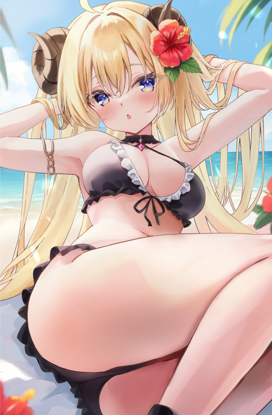 1girl adjusting_hair alternate_costume armpits ass bare_shoulders beach blonde_hair blue_eyes blurry blurry_background breasts derk_maxx flower hair_flower hair_ornament highres hololive horns large_breasts long_hair ocean palm_tree red_flower sand sheep_girl sheep_horns solo tree tsunomaki_watame virtual_youtuber