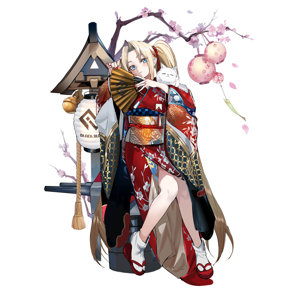 1girl admiral_hipper_(black_surge_night) animal animal_on_shoulder black_surge_night blonde_hair blue_eyes branch cat cat_on_shoulder cherry_blossoms closed_mouth folding_fan hand_fan holding holding_fan japanese_clothes kimono lantern long_hair long_sleeves looking_at_viewer nail_polish obi official_alternate_costume official_art ran_(bukeranwu) red_nails sandals sash sitting tabi transparent_background twintails wide_sleeves zouri