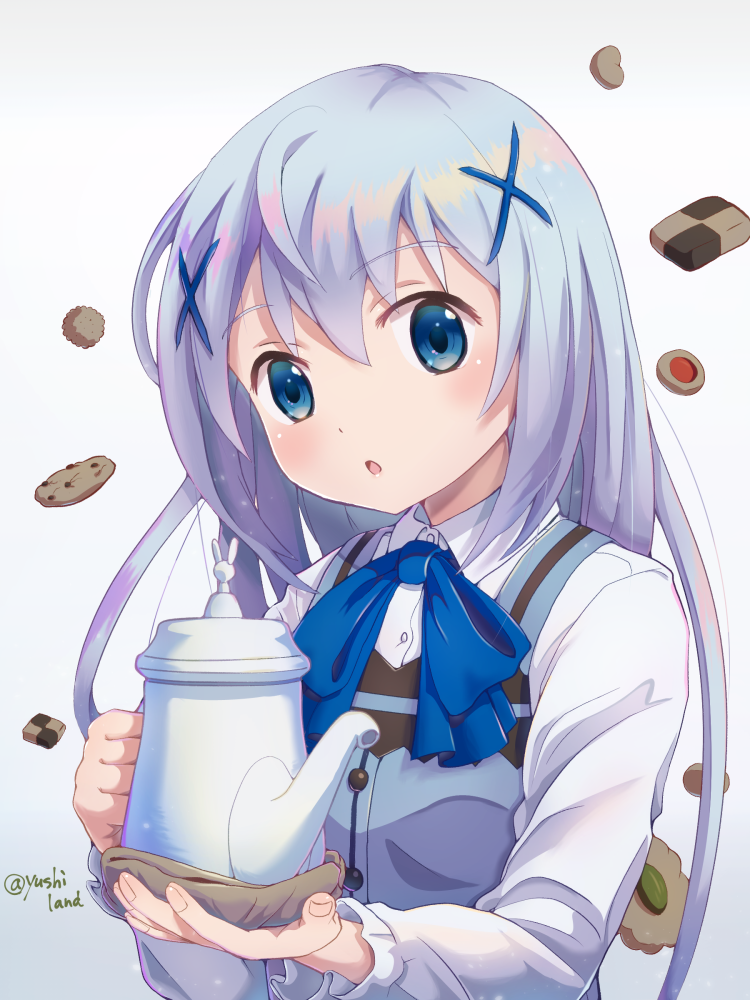 1girl :o artist_name blue_bow blue_eyes blue_hair blue_vest bow chocolate cookie female_focus food gochuumon_wa_usagi_desu_ka? hair_ornament kafuu_chino light_blue_hair long_hair long_sleeves looking_at_viewer rabbit rabbit_house_uniform shirt solo teapot upper_body vest white_shirt x_hair_ornament yusshii