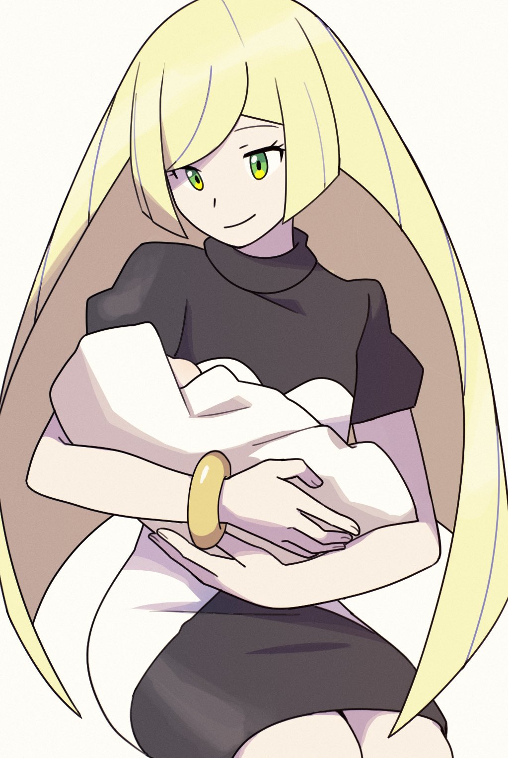 1girl 1other baby black_dress blonde_hair bracelet commentary_request creatures_(company) dress family game_freak gold_bracelet green_eyes highres himurohiromu holding_baby jewelry lusamine_(pokemon) mother_and_child motherly nintendo pokemon pokemon_sm two-tone_dress white_background white_dress