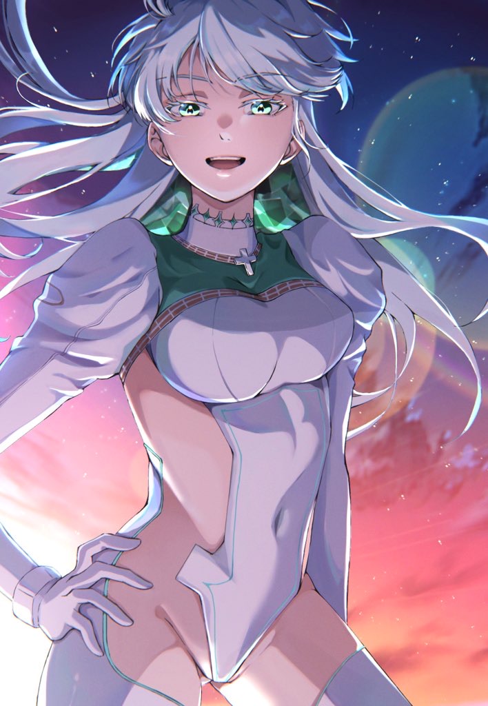 1girl breasts colored_inner_hair covered_navel fate/grand_order fate_(series) green_eyes grey_hair hand_on_own_hip highleg kukulkan_(fate) kukulkan_(second_ascension)_(fate) lens_flare long_hair medium_breasts multicolored_hair nikumaki43 sideless_outfit twilight