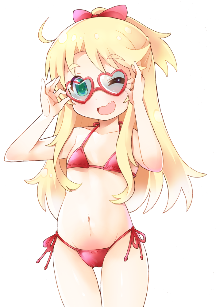 1girl ;3 ;d adjusting_eyewear bad_id bad_pixiv_id bikini blonde_hair blush bow cowboy_shot green_eyes groin hair_bow head_tilt himesaka_noa long_hair looking_at_viewer navel one_eye_closed open_mouth ratryu red_bikini red_bow side-tie_bikini_bottom simple_background smile solo standing sunglasses swimsuit thick_eyebrows thigh_gap very_long_hair watashi_ni_tenshi_ga_maiorita! white_background