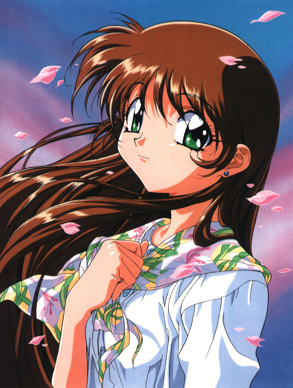 1990s_(style) 1girl artist_request blue_seed brown_hair can earrings fujimiya_momiji green_eyes highres jewelry long_hair looking_at_viewer official_art petals retro_artstyle scan scarf smile solo stud_earrings upper_body