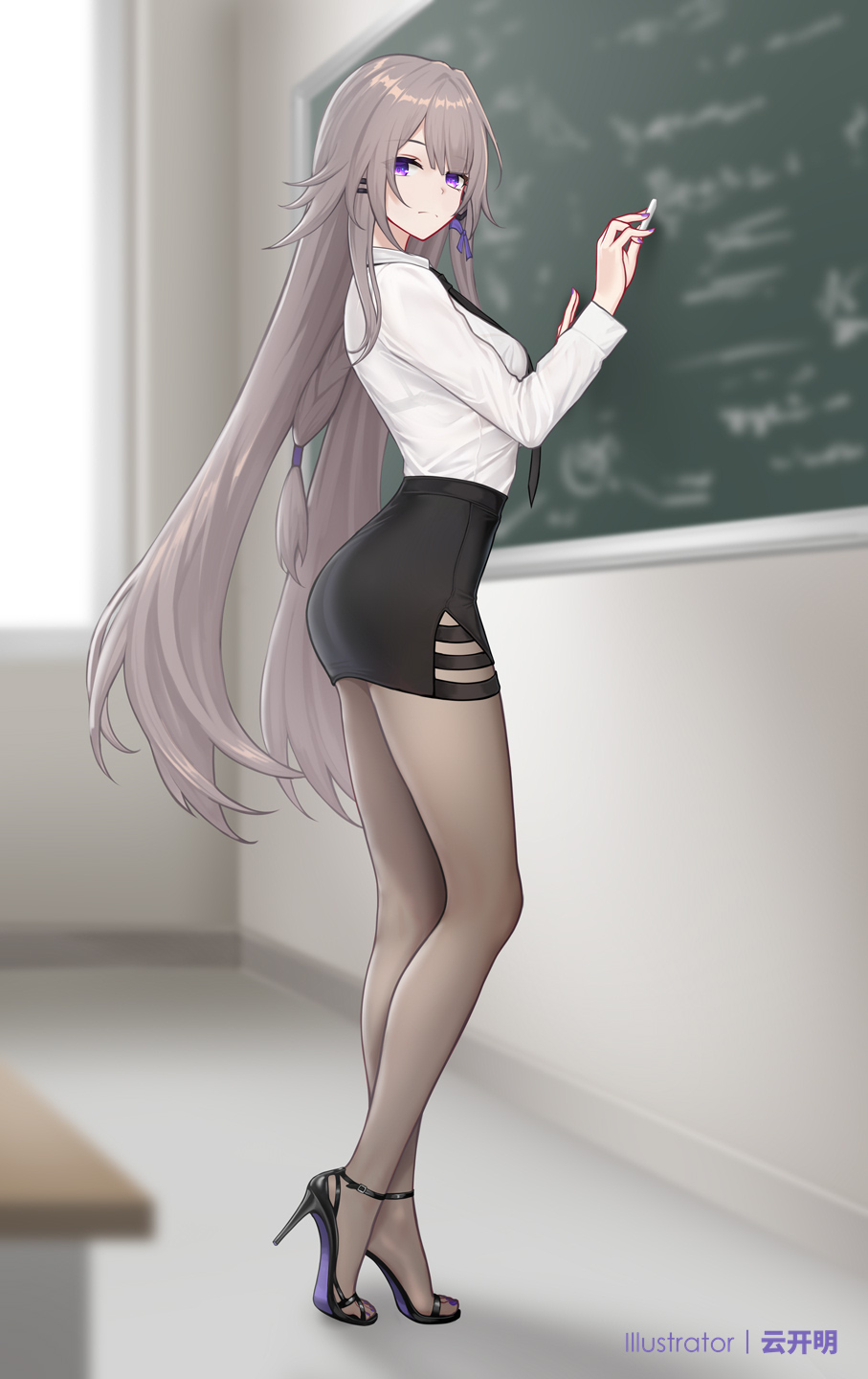 1girl alternate_costume black_necktie black_skirt blurry blurry_background brown_hair chalk chinese_commentary classroom closed_mouth commentary_request from_side grey_pantyhose hair_ribbon herta_(honkai:_star_rail) high_heels highres holding holding_chalk honkai:_star_rail honkai_(series) indoors long_hair looking_at_viewer necktie paid_reward_available pantyhose purple_eyes purple_ribbon ribbon shirt skirt solo the_herta_(honkai:_star_rail) very_long_hair white_shirt yunkaiming