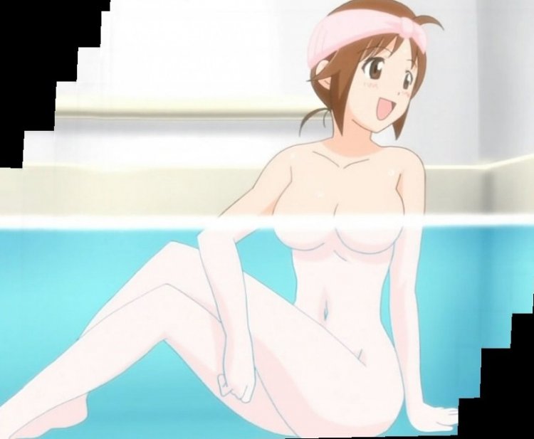 00s 10s 1girl bath blush breasts female_focus floating_breasts hinako_(issho_ni_training) issho_ni_training large_breasts navel nude open_mouth partially_submerged partially_underwater_shot screencap smile solo towel underwater water