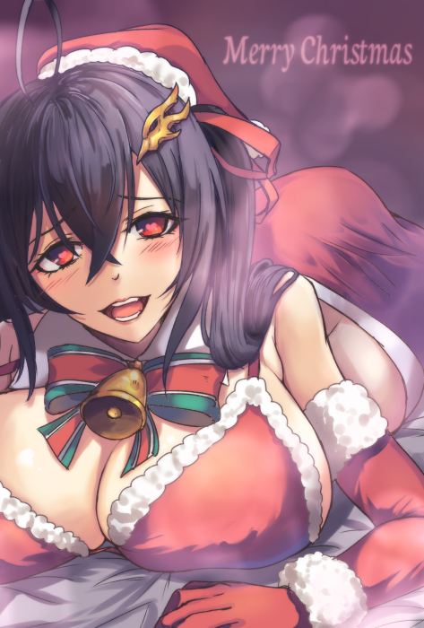 1girl ahoge ass azur_lane bell bikini black_hair bow bowtie breasts christmas cleavage crossed_bangs elbow_gloves fur_trim gloves hair_ornament hat heart heart-shaped_pupils large_breasts long_hair red_bikini red_eyes red_gloves red_skirt ryo_(sora-ryu) santa_bikini santa_costume santa_hat skirt solo swimsuit symbol-shaped_pupils taihou_(azur_lane) twintails