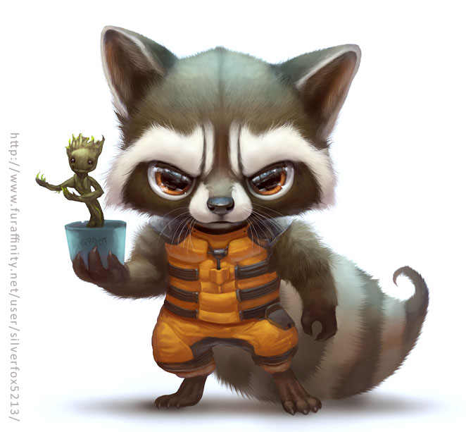 2boys animal_ears barefoot character_name claws furaffinity_username furry furry_male groot guardians_of_the_galaxy looking_at_viewer male_focus marvel marvel_cinematic_universe multiple_boys orange_eyes raccoon_boy raccoon_ears raccoon_tail rocket_raccoon silverfox5213 tail whiskers white_background