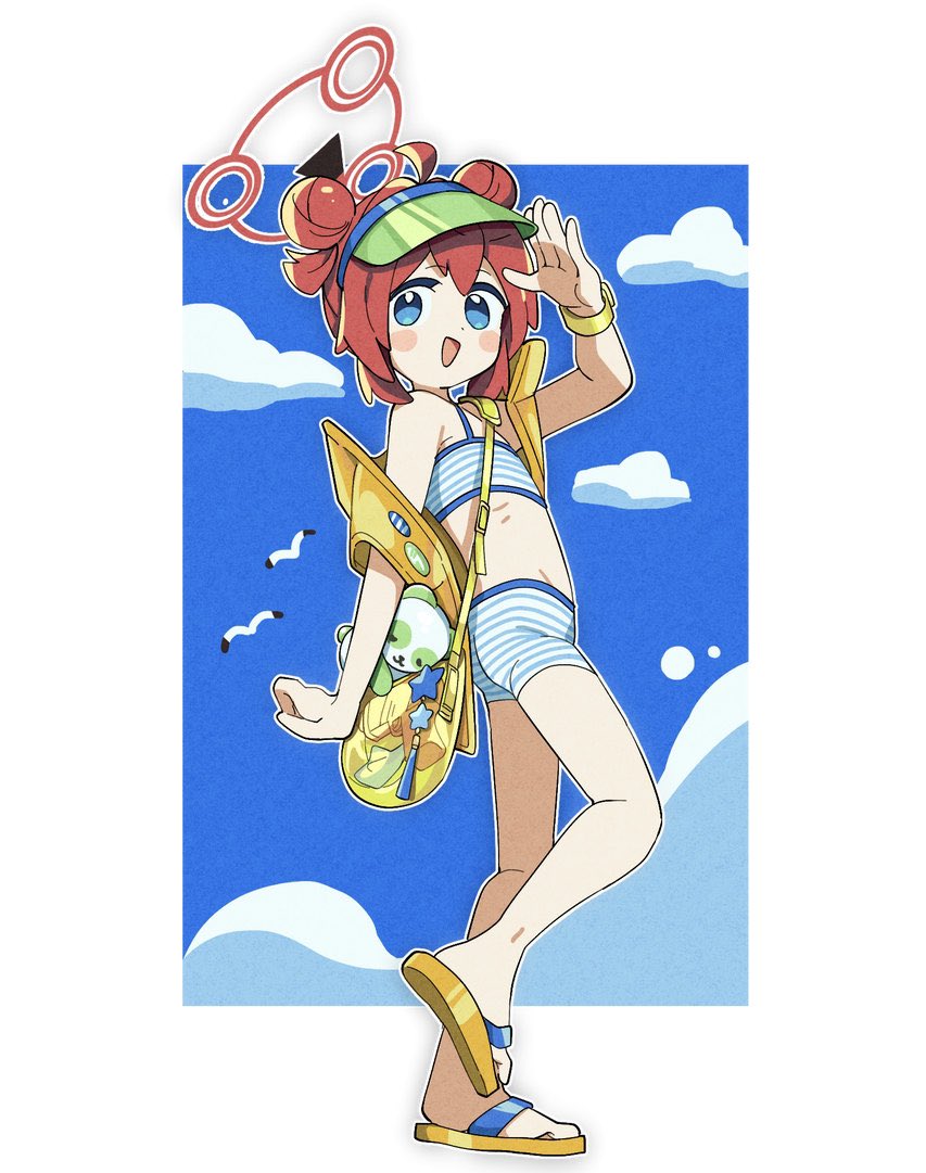 1girl ahoge bare_arms bare_legs bare_shoulders bikini blue_archive blue_bikini blue_eyes double_bun ebifried flip-flops full_body hair_bun halo maki_(blue_archive) open_mouth red_hair red_halo sandals short_hair smile solo striped_bikini striped_clothes swimsuit