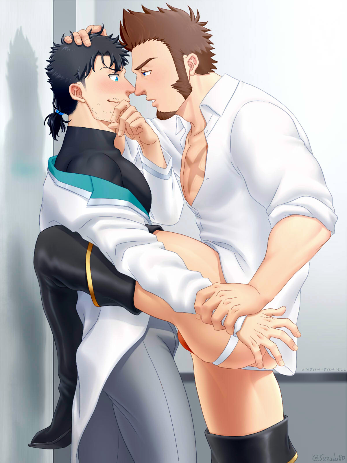 2boys alternate_hair_length alternate_hairstyle arm_grab bara black_hair blue_eyes boots brown_hair bulge bulge_to_ass eye_contact facial_hair fate/grand_order fate_(series) fujimaru_ritsuka_(male) goatee hand_on_another&#039;s_head highres imminent_anal imminent_kiss imminent_penetration jockstrap kabedon knee_boots lab_coat long_sideburns looking_at_another male_focus male_underwear mature_male multiple_boys muscular muscular_male napoleon_bonaparte_(fate) no_pants off_shoulder orange_male_underwear pants partially_unbuttoned pectoral_cleavage pectorals short_hair sideburns sleeves_rolled_up suzuki80 thick_thighs thighs underwear white_male_underwear white_pants yaoi