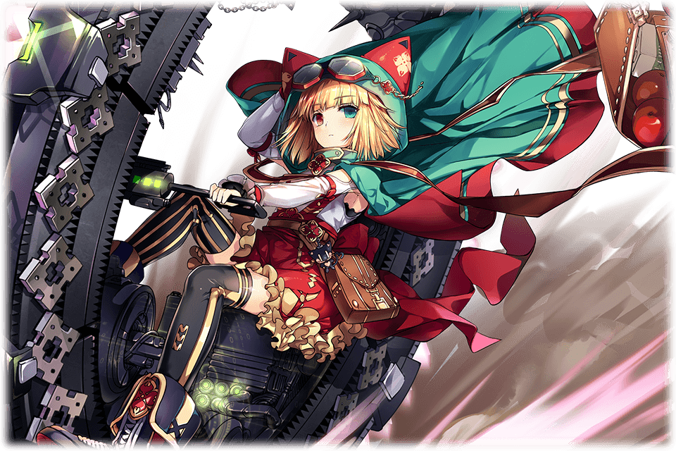 1girl armpits artist_request bag blonde_hair blue_eyes boots cape glasses handbag heterochromia hood kamihime_project monowheel official_art red_eyes short_hair sitting third-party_source vishnu_(kamihime_project)