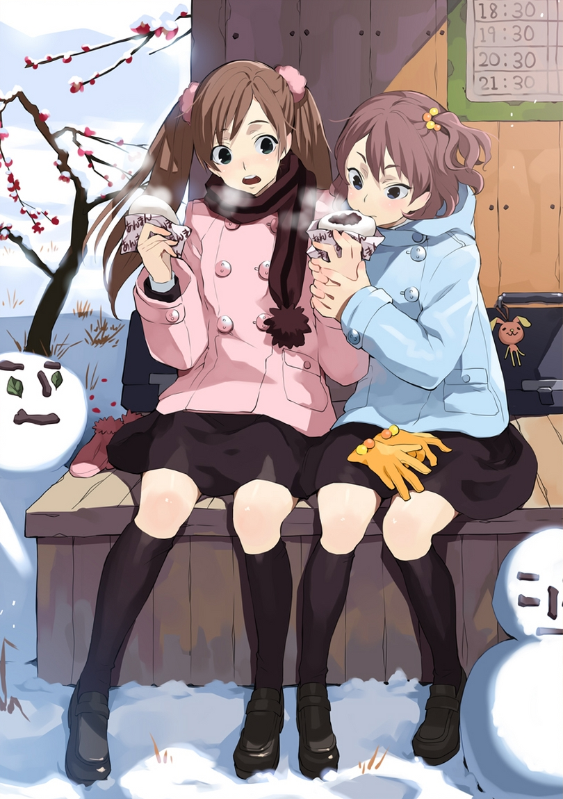 2girls anman anpan bag baozi black_socks black_thighhighs blue_eyes brown_hair coat eating food hair_bobbles hair_ornament kishiwada_robin kneehighs loafers mary_janes mittens multiple_girls non-web_source original scarf school_bag shoes side_ponytail sitting skirt snow snowman socks steam thighhighs tree twintails zettai_ryouiki