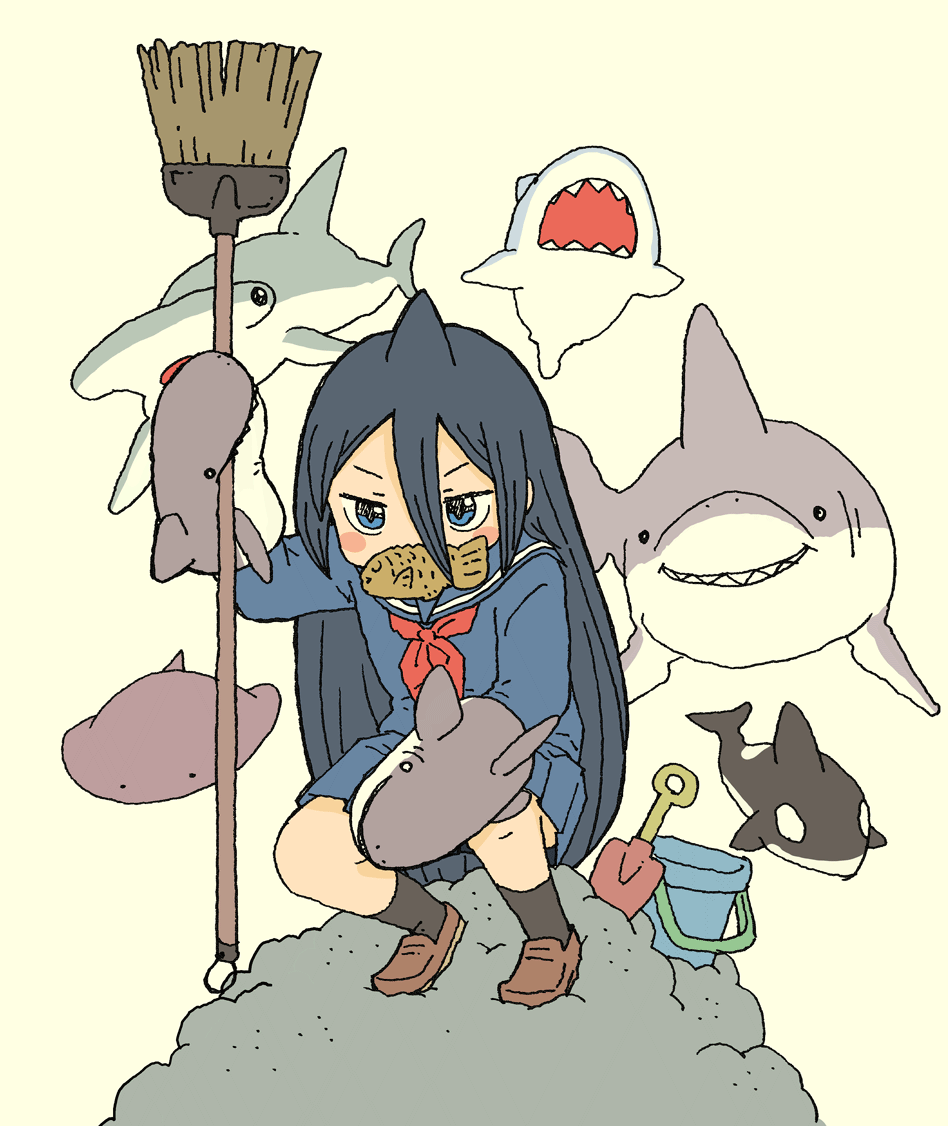 1girl black_hair black_socks blue_eyes blue_sailor_collar blue_serafuku blue_shirt blue_skirt blush_stickers broom brown_background brown_footwear bucket commentary_request food food_in_mouth fukada_ichika hair_between_eyes hammerhead_shark hand_puppet holding holding_broom loafers long_hair manta_ray mouth_hold neckerchief open_mouth orca original pleated_skirt puppet red_neckerchief sailor_collar sand school_uniform serafuku shark sharp_teeth shirt shoes simple_background skirt socks solo taiyaki teeth trowel v-shaped_eyebrows very_long_hair wagashi yukimoto_shuuji_(gurigura)