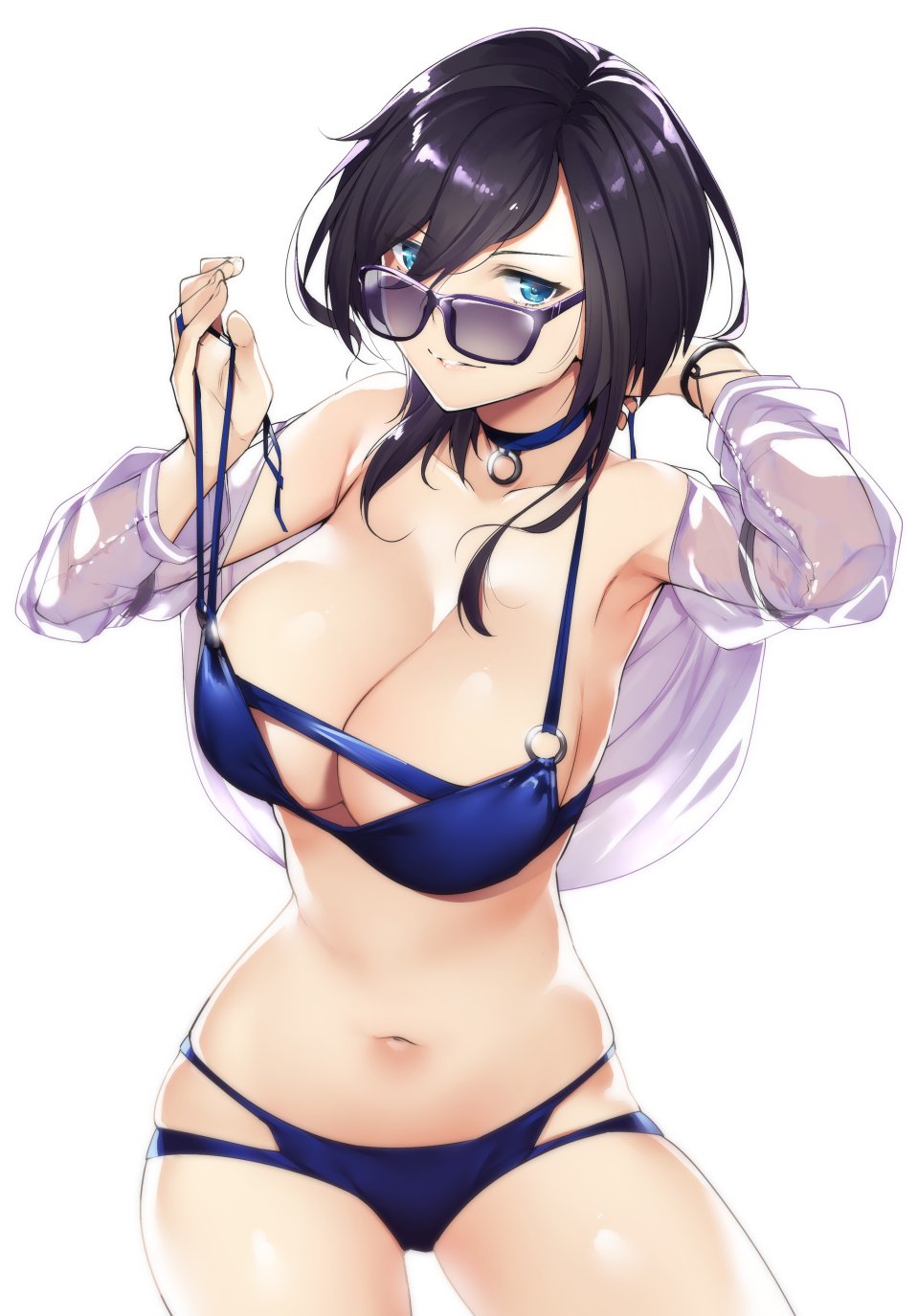 1girl ark_royal_(azur_lane) ark_royal_(coast_watcher)_(azur_lane) azur_lane bikini bikini_under_clothes black_hair blue_bikini blue_eyes breasts choker highres large_breasts long_hair looking_at_viewer multi-strapped_bikini navel see-through_clothes sunglasses swimsuit tomohiro_kai