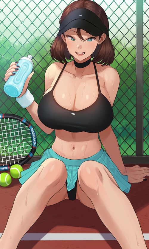 1girl aqua_skirt ball bare_shoulders black_nails black_tank_top bottle breasts brown_hair chain-link_fence choker cleavage collarbone commentary english_commentary fence green_eyes hair_between_eyes holding holding_bottle jagaimo_(kkamja) jung_yujin_(jagaimo_(kkamja)) large_breasts medium_hair midriff mole nail_polish navel open_mouth original pleated_skirt racket sitting skirt sports_bra sportswear stomach sweat tank_top tennis tennis_ball tennis_court tennis_racket tennis_uniform visor_cap water_bottle wristband