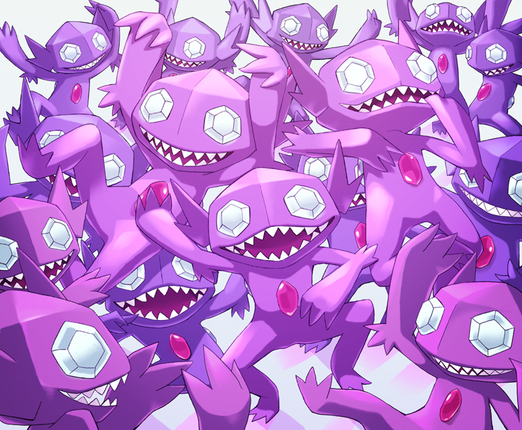 arms_up claws commentary_request creatures_(company) game_freak gem gen_3_pokemon hand_in_mouth hijirino_yuuta looking_at_viewer nintendo open_mouth pokemon pokemon_(creature) sableye sharp_teeth smile teeth