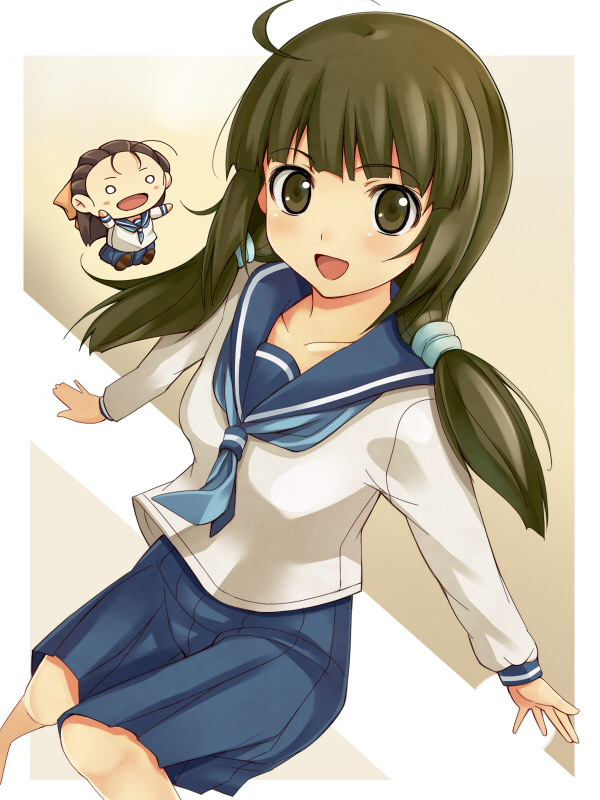 00s ahoge brown_hair chibi green_eyes green_hair kikusaka_kochou kisugi_akira o_o sakurami_kyouko school_uniform serafuku skirt taishou_yakyuu_musume twintails