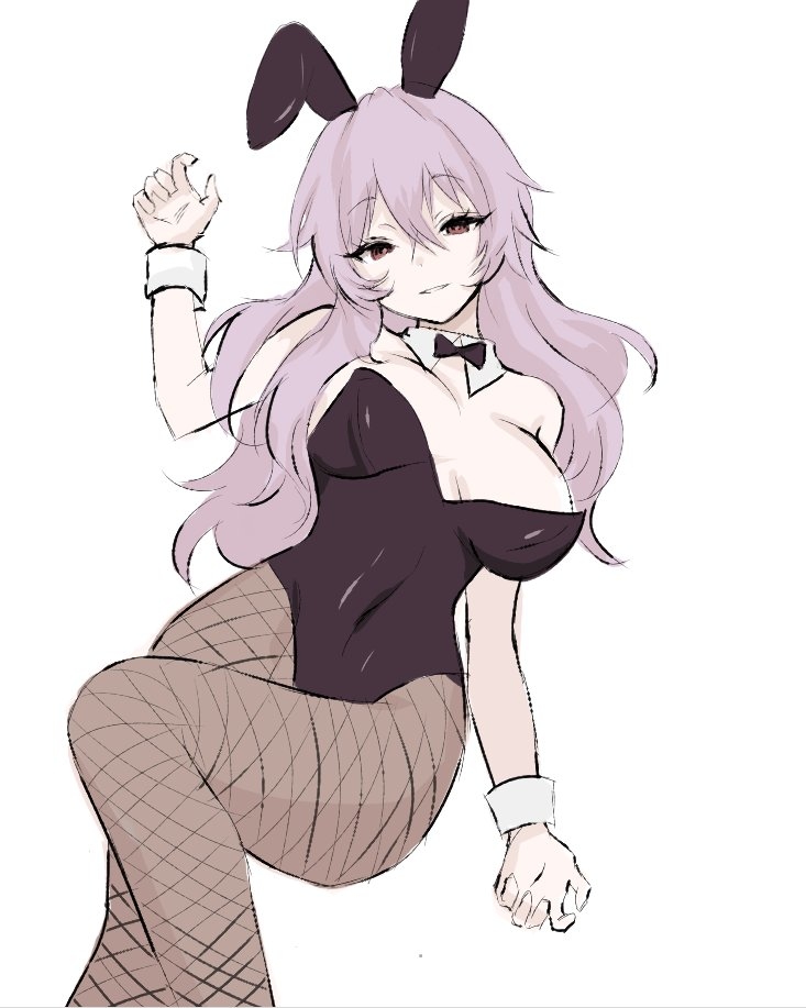 1girl breasts brown_eyes hair_between_eyes hiiragi_shinoa large_breasts leotard light_purple_hair long_hair owari_no_seraph pantyhose playboy_bunny smile solo wide_hips yuunoaboi21