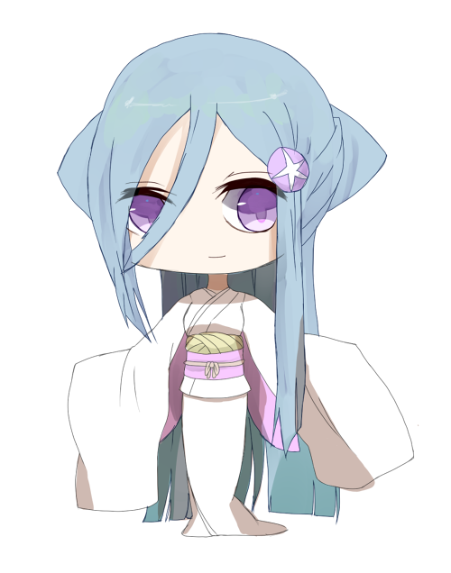 1girl bleach bleach:_zanpakutou_ibun_hen blue_hair chibi female_focus japanese_clothes kimono long_hair mof_mof2nd purple_eyes smile sode_no_shirayuki solo zanpakutou_(spirit)