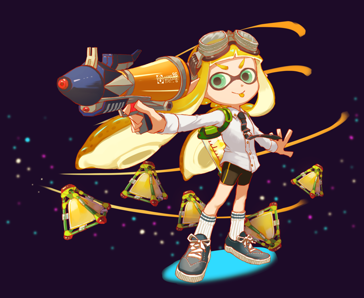 1girl :p aqua_eyes aviator_goggles bike_shorts black_shorts blue_background blue_footwear blue_necktie closed_mouth collared_shirt colored_tongue commentary_request dress_shirt full_body goggles goggles_on_head holding holding_weapon ink_tank_(splatoon) inkling inkling_girl inkling_player_character long_hair long_sleeves necktie nichaku nintendo orange_hair outstretched_arms shirt shoes shorts smile sneakers socks solo splat_bomb_(splatoon) splatoon_(series) splatoon_1 splattershot_pro_(splatoon) standing tentacle_hair tongue tongue_out twintails v-shaped_eyebrows very_long_hair weapon white_shirt white_socks yellow_tongue