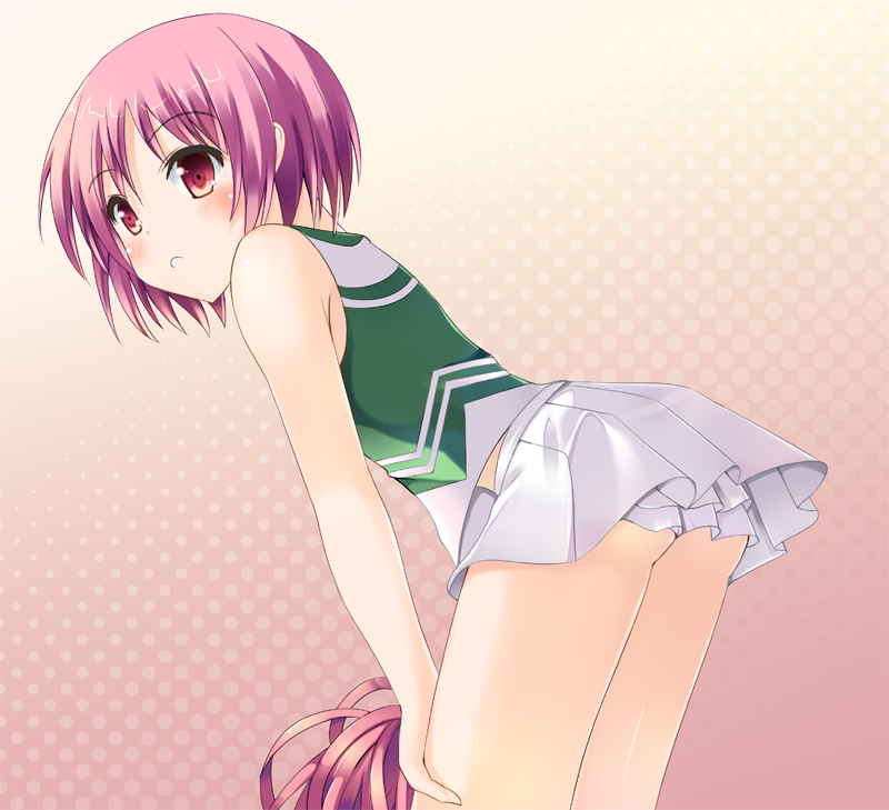 1girl ass bare_shoulders bent_over blush cheerleader female_focus odaya odayan open_mouth panties pantyshot pink_eyes pink_hair pom_pom_(cheerleading) short_hair skirt solo toaru_majutsu_no_index tsukuyomi_komoe underwear upskirt