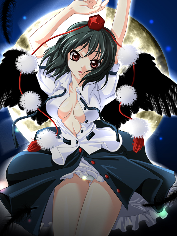 1girl arms_up bad_id bad_pixiv_id black_hair black_wings expressionless female_focus geta hat looking_at_viewer moon moyasi_onna nattsu no_bra open_clothes open_mouth open_shirt open_skirt panties red_eyes shameimaru_aya shirt short_hair skirt solo tokin_hat touhou underwear wings