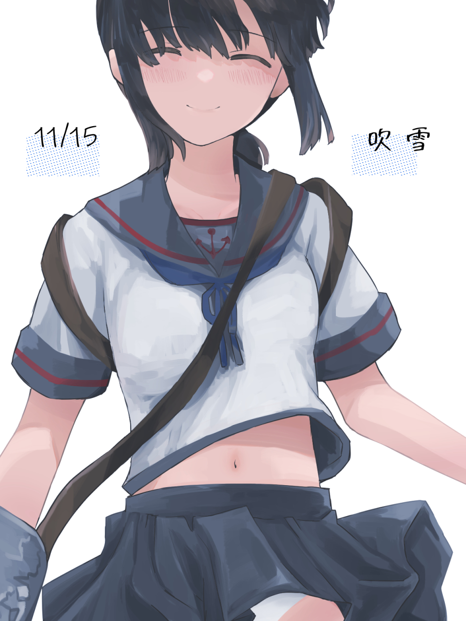 1girl anchor anchor_symbol black_hair black_sailor_collar black_skirt blue_neckerchief breasts closed_eyes commentary_request fubuki_(kancolle) fubuki_kai_ni_(kancolle) highres kantai_collection kiusagi_sanae midriff_peek navel neckerchief panties pleated_skirt sailor_collar school_uniform serafuku shirt short_sleeves skirt small_breasts solo translation_request underwear white_panties white_shirt