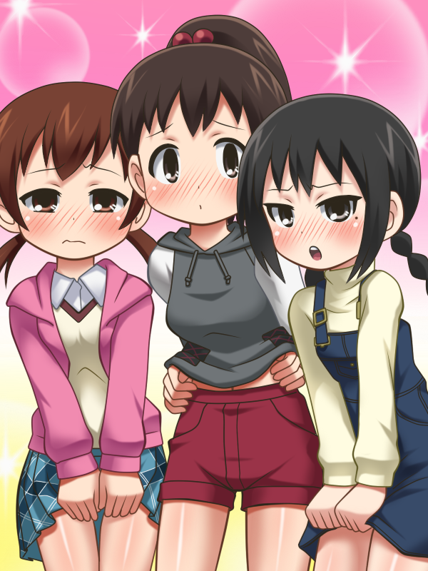 3girls awa black_hair brown_eyes brown_hair clothes_lift grey_eyes itou_shiori katou_mayumi mitsudomoe_(manga) multiple_girls ogata_airi skirt skirt_lift